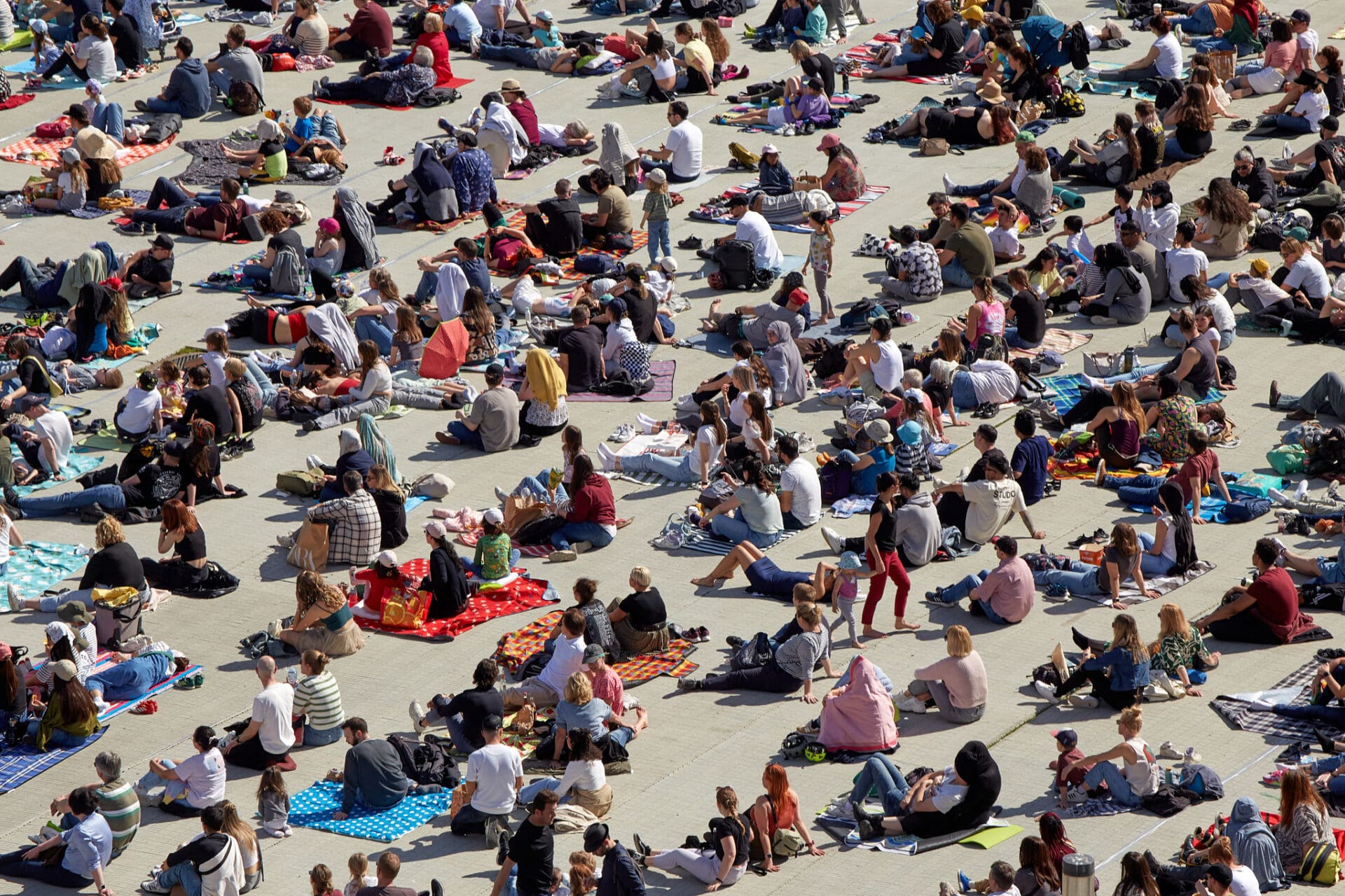 Viele Menschen picknicken auf dem Stuttgarter Schlossplatz und schauen Filme.
