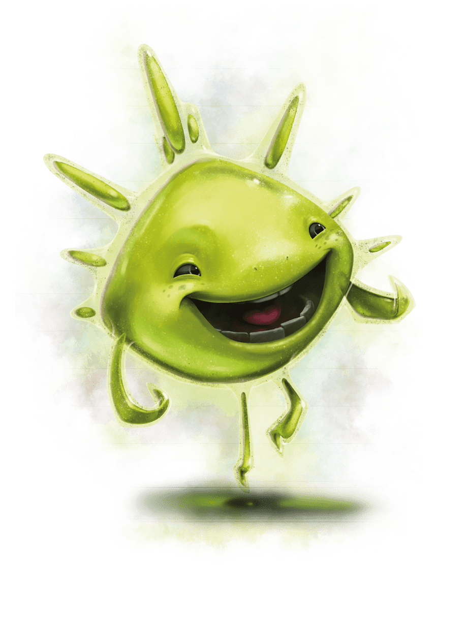 Grünes, glibberiges Männchen mit breitem Lachen