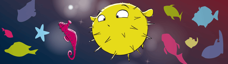 Grafik eines gelben Kugelfischs im Wasser