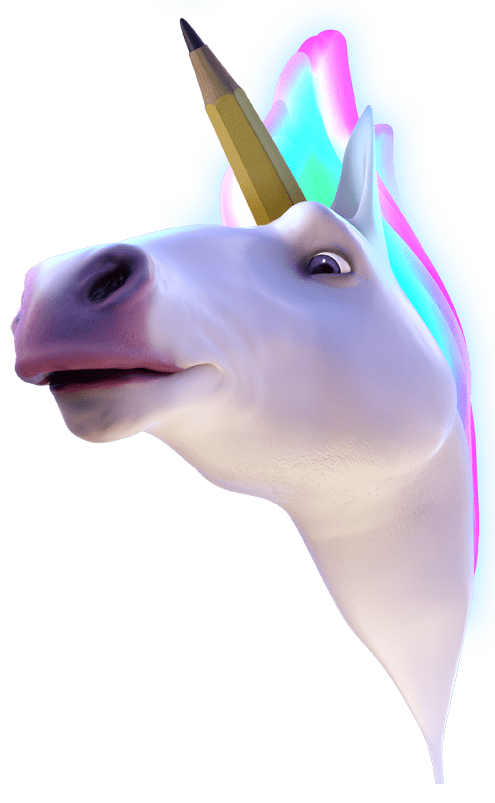 Weißes Einhorn mit einem Stift auf dem Kopf statt Horn